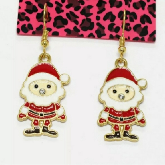 Red Enamel Rhinestone Holiday Christmas Santa Claus Dangle Drop Earrings - Picture 9 of 9